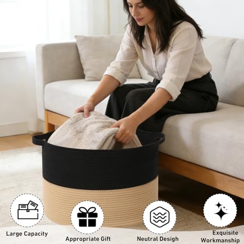 115L Extra Large Blanket Basket,Woven Rope Laundry Basket Hamper with Handles, Decorative Nursery Basket Storage Bin for Toys, Clothes Organizer, Living Room, Bedroom, Bathroom, Black&Camel - color: Black&Camel, size: 23.6"L x 23.6"W x 15.7"H(115L)