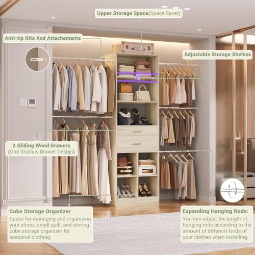 Besiost Closet System, 4-8 FT Closet Organizer Tower with 2 Wooden Drawers and Shelves, Can Fit 60 to 96 inch Walk-in Closet System with 5 Hang Rods, Built-in, Greige Oak - color: Greige Oak