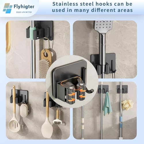 5 Pack Heavy Duty Mop and Broom Holder Wall Mount, No Drill Self Adhesive Stainless Steel Hanger with Hooks, Anti-Slip Tool Organizer for Bathroom, Kitchen, Garage, Laundry Room (5, Black) - color: Black-5