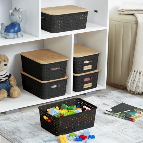 Bagnizer Small Plastic Storage Bins with Bamboo Lids 5.2qt Stackable Box Basket Pantry Decorative Containers Cute with Lable for Organizing Desktop Closet Office Black of 6 packs 10 * 7.2 * 4.1" - color: Black, size: Small- 6 Pack