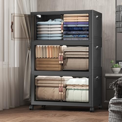 UAMFURI Extra Large Stackable Storage Bins with Lids & Wheels, 504QT-168QT/42GAL*3Pack Foldable Collapsible Closet Organizers Storage Cabinet with Doors for Bedroom Dorm - color: Black, size: 3PACK-30"W20"D50"H