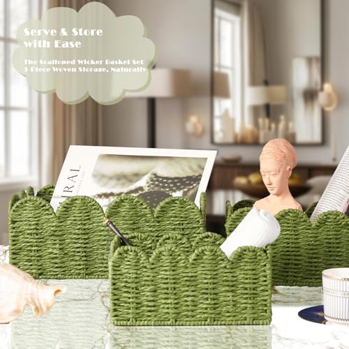 Scalloped Wicker Baskets, Set of 3 Hand-Woven Storage Baskets with Handles - Paper Rope Shelf Organizers & Decorative Baskets for Shelves, Closet, Bathroom (Green） - color: Greem