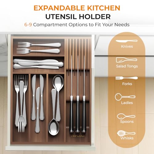 TIOPGHAD Small-Bamboo-Silverware-Drawer-Organizer, Expandable Utensil Kitchen Cutlery Tray Flatware Organization Wood Tableware Dividers Storage (with Removable Knife Block)(Brown) - color: Brown, size: Medium