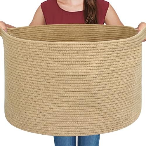 MEGASKET Extra Large Storage Basket, 22" X 22" X 14" Stuffed Animal Basket for Living Room Kids Room, Soft Cotton Rope Bin With Handle, Throw Blanket Storage, Stuffed Animal Toy Organizer Box - color: Jute, size: 22"x22"x14"