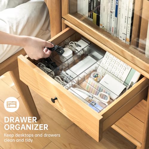 FRETONBA 2Pcs Cable Charger Organizer Box, Large Cords Storage Organizer with Adjustable Compartments and Wire Ties, Stackable Cord Organizer for Drawer - Clear - size: Large 2Pcs