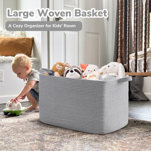 Goodpick 85L Large Woven Blanket Basket 23.6" x 15.7" x 13.8" Cotton Rope Storage Organizer for Dirty Clothes Pillows, Rectangle Toy Storage Basket for Nursery Bedroom, Gray - color: Grey, size: X-Large(23.6"L x 15.7"W x 13.8"H)