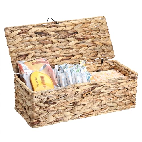 Sumnacon Wicker Storage Basket with Lid Rectangle Wicker Basket with Lid for Toiletries Tampon Storage,Toilet Tank Topper Basket Water Hyacinth Storage Baskets for Shelf Bathroom Toilet Table