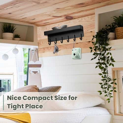 Magnetic Key Holder Wall Mount, Small Metal Key Rack with Tray, 9.6 Inch, 6 Hooks, 2 Installation Options, Black - color: Black