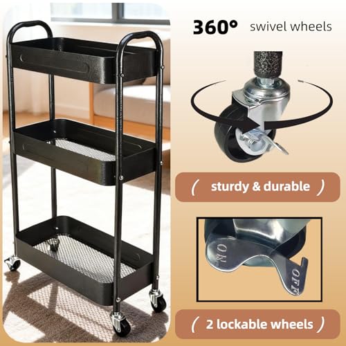 3 Tier Slim Metal Rolling Storage Cart for Laundry Room & Kitchen Organizer, 7.1'' Thin Standing Shelf for Narrow Spaces, Utility Cart with Wheels & Lockable Casters for Bathroom, Black - color: Black, size: 3 tier