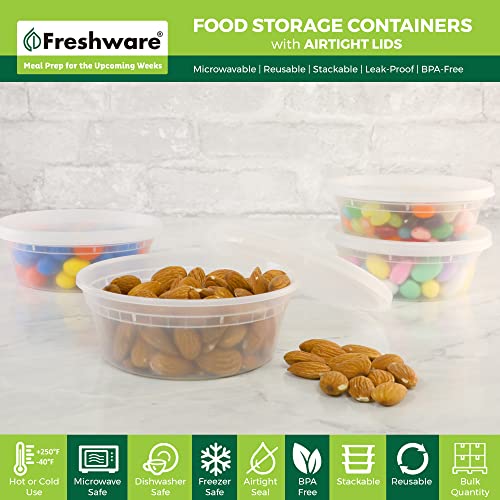 Freshware Food Storage Containers [50 Set] 8 oz Plastic Deli Containers with Lids, Slime, Soup, Meal Prep Containers, BPA Free, Stackable, Leakproof, Microwave, Dishwasher and Freezer Safe - size: 8 oz, 50-Pack