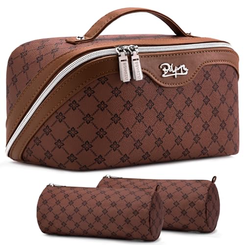 BOYATU Travel Makeup Bag Cosmetic Bags for Women: 3 Pcs Set Large Capacity Make up Bag with Handle - Vegan Leather Toiletry Bags with Compartments - Makeup Organizer for Travel Essentials(A-6-Brown) - color: A-6-Brown