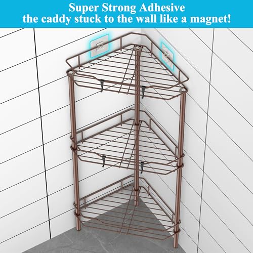 HuggieGems 3 Tier Floor Standing Corner Shower Caddy Organizer Shelf with Hooks, Bathroom Shelves Stand Rack, Coffee - color: Coffee, size: 3 Tier