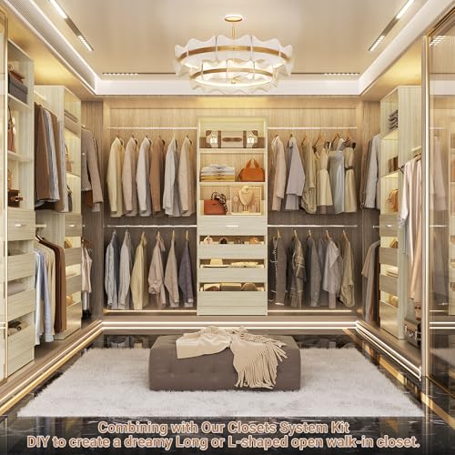 Aheaplus Closet System, 4-9Ft Closet Organizer with 4 Wooden Drawers, Wood Closet Organizer System with Tower, Walk-in Closet Organizer Wardrobe Garment Clothes Rack with 4 Hanging Rods, 2White Oak - color: White Oak