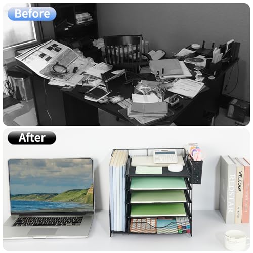 Desk Organizer with Drawer and Pen Holder, 5-Tier Paper Letter Tray Organizer with File Holder, Suitable for Workspace Organizer Office Supplies Storage (Black) - color: Black