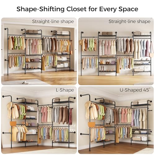 Closet Organizers and Storage, 4-Row Heavy Duty Clothes Rack for Hanging Clothes, Wall Mounted Closet System with 4 Telescopic Rods, 2 Fixed Rods, 5 Hooks, 8 Shelves for Wardrobe, Bedroom, Small Space - style: 4-Row