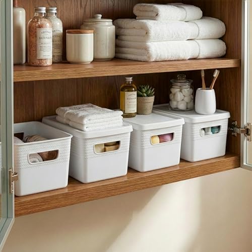 BINO | Plastic Storage Bins with Lids, 5 Liter - 3 Pack, White | THE BRAIDED COLLECTION | Plastic Bins for Organization Woven Storage Baskets for Organizing Pantry Shelf Organizer Basket Container Bin - color: White, size: 5L | 3-Pack
