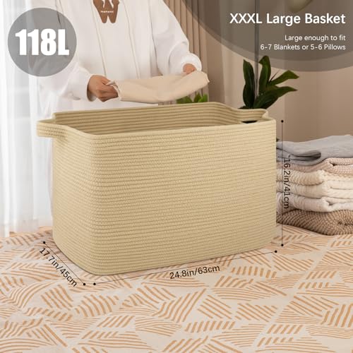 OIASKET 118L Extra Large Blanket Basket, 24.8"x17.7"x16.2" Woven Rope Baskets for Storage, Nursery Blanket Storage for Living Room, Toy Basket with Handle Organizing Comforter Cushions Pillows, Jute - color: Jute
