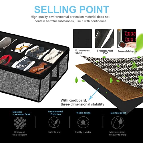 Under Bed Shoe Organizer Storage for Closet 2 Pack- Fits 24 Pairs Underbed Shoes Container Boxes with H Shap Sturdy Handles and Clear Window,Foldable Shoe Rack Holder,Black - color: Black-24pairs, style: H-Handle