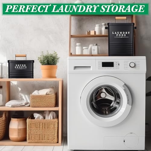Yaocom 2 Pcs Laundry Pod Container with Dryer Sheet Holder Farmhouse Laundry Room Decor Organization and Storage Detergent Container Box with Lid Handle Metal Dryer Sheet Dispenser(Black) - color: Black