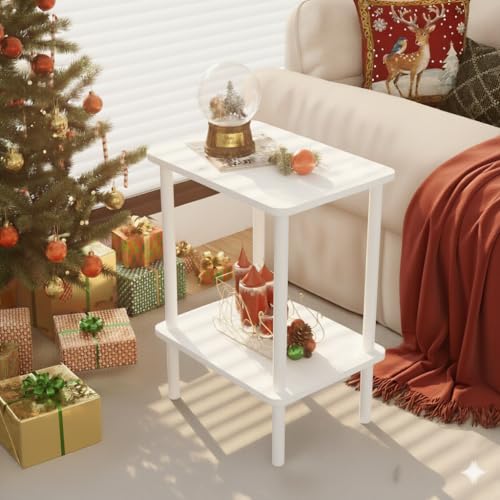 Apicizon 2 Tier End Table, Small Side Table with Solid Wood Legs, Boho Bedside Table with Storage Shelf, Nightstand for Small Spaces, Bedroom, Living Room, Entryway, Farmhouse, Easy Assembly, White - color: White, size: 1 Set, style: 2 Tier