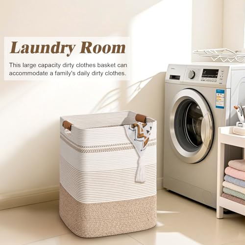 Laundry Hamper, 95L Tall Laundry Basket with Leather Handles, Rectangle Large Clothes Hamper for Organizing, Cotton Woven Laundry Baskets Storage Hampers for Bedroom, Nursery, Living Room - color: Light Brown & White, size: 95L