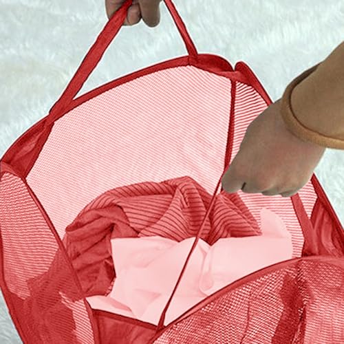 Pop up Hamper for Laundry, Collapsible Mesh Laundry Basket, Portable Foldable Clothes Hamper Storage Bin for Apartment, College Dorm or Travel, Red - color: Red