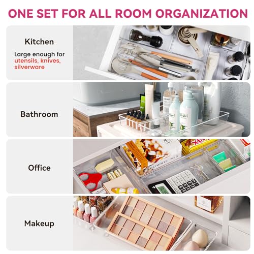 Criusia Large Drawer Organizer Bins 26 Pack | Complete 5 Size Clear Plastic Kitchen Drawer Organizers for Utensils | Bathroom Drawer Organizer Trays | Versatile for Makeup Office Organization - size: 26 Pack