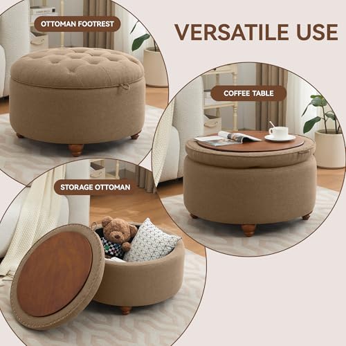 WUTUTUEE 30Inch Round Storage Ottoman with Tray, Modern Tufted Fabric Circle Coffee Table with Storage, Upholstered Ottoman with Removable Top for Living Room, Bedroom, Brown - color: Brown, size: 30 Inch