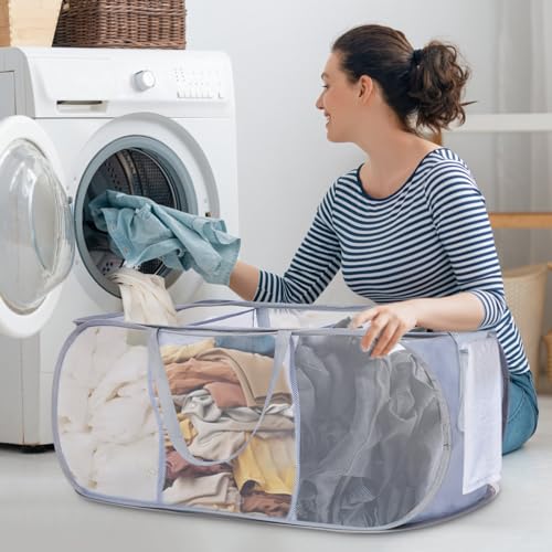 Durable Collapsible Foldable Pop Up Laundry Hamper, Sturdy 3 Compartments, Handy Pocket & Easy to Sort Clothes Hampers for Dorm, Kids Room, Travel - Grey - color: Gray, size: 3 Compartments