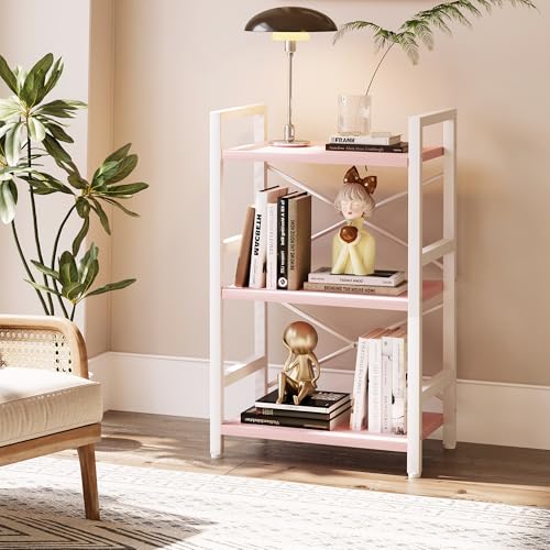 Homeiju Pink Bookshelf, 3 Tier Industrial Bookcase, Metal Small Bookcase, Rustic Etagere Book Shelf Storage Organizer for Living Room, Bedroom, and Home Office(Pink) Patent Pending D29873033 - color: Pink, size: 3 Tier