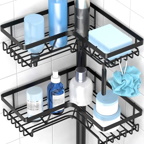 KEGII Floor Shower Caddy Standing – 4-Tier Corner Shower Organizer with Hooks & Soap Holder, Free-Standing Bathroom Storage Rack for Shampoo & Toiletries, Black - style: Floor Caddy - Black