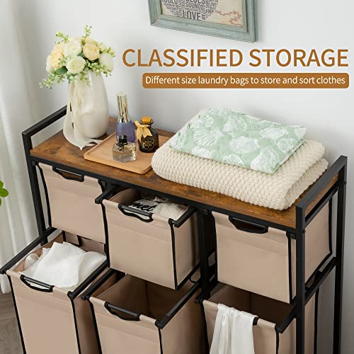 Suntage Laundry Basket Organizer, Hampers for Laundry 6 Compartments, Laundry Hamper with 6 Sliding Laundry Sorter Bags, Top Storage Shelf, and Metal Frame (6 Compartments) - style: 6 Compartments