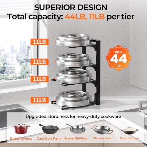 MUDEELA Pots and Pans Organizer under Cabinet 15.75" Tall, 4-Tier Heavy Duty Pan Organizers inside Cabinet Kitchen Storage, Adjustable Pot Rack Holds up to 44 LB Cast Iron Skillets Shallow Cookware - style: 4-Tier
