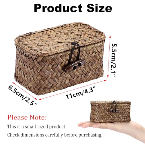 Hipiwe Mini Seagrass Basket with Lid Wicker Storage Basket Small Handwoven Multipurpose Desktop Baskets Home Decor, 4.3"L x 2.5"W x 2.1"H - color: Coffee color, size: 4.3" x 2.5" x 2.1"
