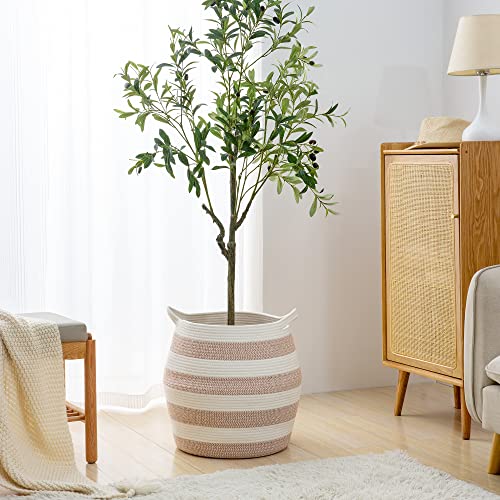 KAKAMAY Woven Baskets for Storage(17"x17"),Large Cotton Rope Woven Baby Laundry Hamper,Collapsible Laundry Basket, Blanket Basket for Organizing Living Room,Nursery,Pillows,Toy Chest(Rose) - color: Rose