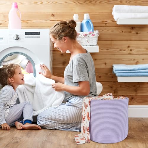 XUANGUO Cotton Rope Basket For Girls Boys Kids 16”X14” Baby Laundry Basket Nursery Bin Round Woven Baskets Organizer For Storage Toys Blankets Shoes Clothes purple - color: purple