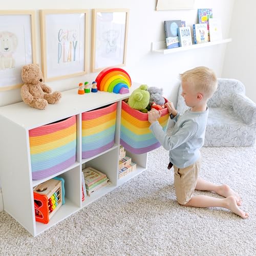 NaturalCozy Storage Cubes 11 Inch Cotton Rope Woven Baskets for Organizing, 3-Pack | Cube Storage Bin | Square Storage Baskets for Shelves Organizer, Classroom, Kids Toy Bins, Closet, Baby Nursery - color: Rainbow