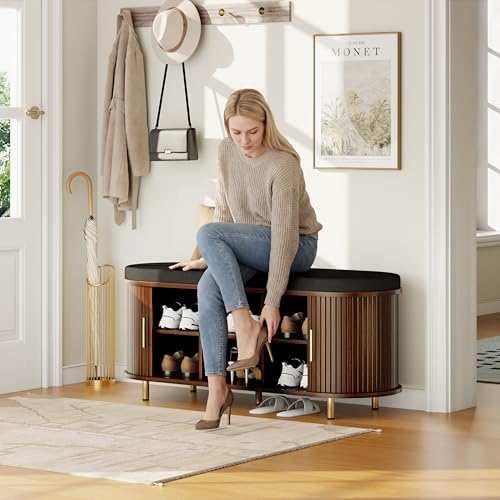 DHH 2-Tier Storage Bench,Wide Shoe Bench with Thickened Padded Seat Cushion, Mid Century Modern Fluted Sliding Door and Adjustable Shelf, for Entryway, Living Room, Bedroom (Walnut, 43.3“) - color: Walnut, size: 43.3 inch