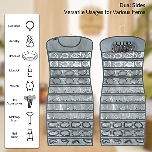 Hanging Jewelry Organizer Dual Sided 84 Clear Pockets and 6 Hook Loops Storage for Holding Jewelries Hair Accessories Dress Shaped Earring Holder (84 Pockets and 6 Hook Loops -Grey) - color: 84 Pockets and 6 Hook Loops -Grey