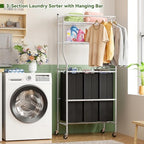 Laundry Sorter with Hanging Clothes Rack, Rolling Laundry Cart with Wheels & Shelf, 42 Gal (160L) 3 Section Basket Organizer, White