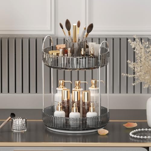 360° Rotating Makeup Organizer, Upgraded 2 Tier Skincare Perfume Organizers for Women, Bathroom Organizer Countertop, Clear Cosmetic Dresser Organizer with Makeup Brush Holder, Sink&Counter(Grey) - color: Grey, size: 2 Tier