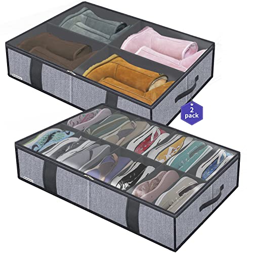 Onlyeasy Under Bed Shoe Storage Organizers for Kids and Adults Fit 14 Pairs of Shoes & 4 Pairs of Boots, Sturdy Underbed Organizer with 2 Strong Zippers and 4 Handles, Linen-like Grey, MXDUBS14S4 - color: 1 Boots 1 Shoes (14+4 Cells) Linen-like Grey