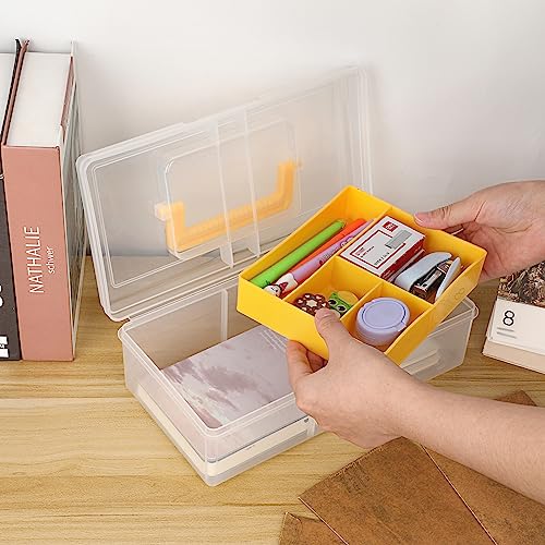 JUXYES Plastic Carry Storage Box with Removable Dividers, Clear Art Craft Supply Storage Bin Sewing Box With Handle Lid, 2 Layers Stationery Storage Case for School/Office Supplies - color: Yellow