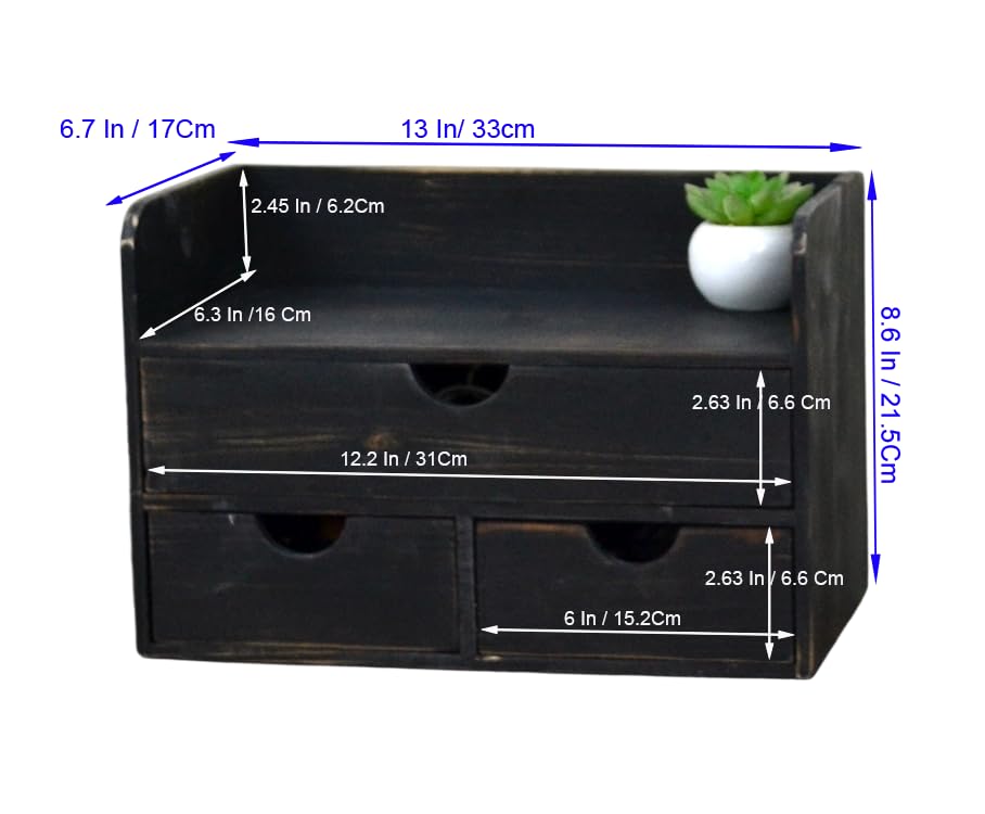 Vintage Rustic Wooden 3 Drawer with Shelf Office Desk Organizer & Mail Rack For Desktop,makeup holder Box for Office Home Toiletries Supplies Vanity, No Assembly Required (Rustic Black) - color: Wood