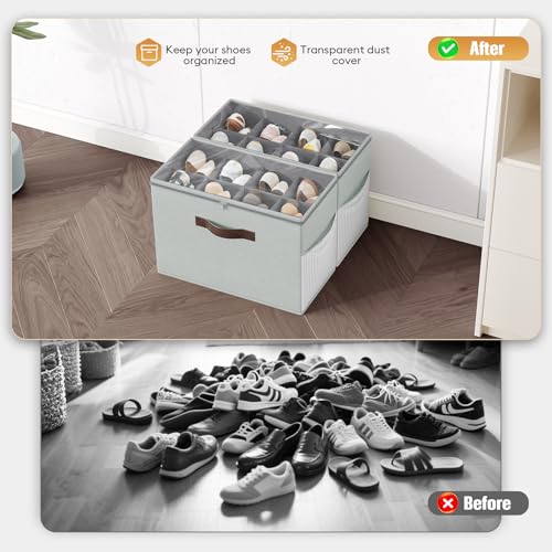 Budding Joy 2 Pack Shoe Organizer for Closet, Clear Foldable Shoe Storage Containers Adjustable Dividers Fits 16 Pairs,Shoe Storage Bins Baskets Boxes with Reinforced Handles Light grey - color: Light Gray