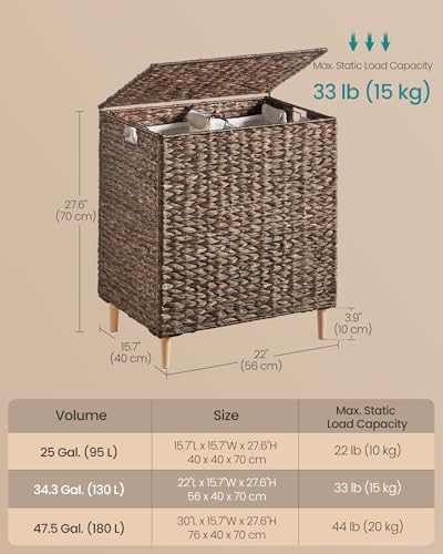 SONGMICS Laundry Hamper 2 Sections, 34.3 Gal. (130 L) Handwoven Water Hyacinth Wicker Laundry Basket with Lid, Natural Material, Removable Machine Washable Liners, Handles, Espresso ULCB202K01 - color: Espresso, size: 130 L (Handwoven)