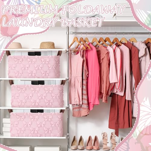 Kathfly 3 Pcs Bow Foldable Storage Baskets Pink Bow Plush Faux Fur Jacquard Design Laundry Basket with Handles Waterproof Storage Bins Fabric Shelf Baskets for Organizing Closet Clothes - style: Pink Bow