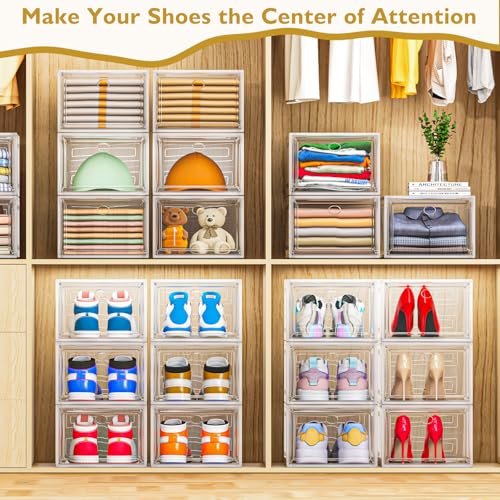 12 Pack Clear Shoe Storage Organizer with Magnetic Door,Stackable Plastic Shoe Boxes for Sneakers,Boots,and Heels,Space-Saving Foldable Shoe Rack for Closet,Durable Shoe Cabinet Organizer,White - color: White, size: 12 pcs