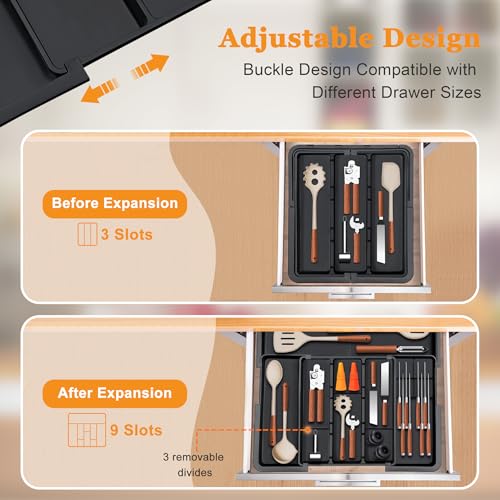 Large Utensil Drawer Organizer for Kitchen, Expandable Silverware Organizer Utensil Holder, Cutlery and Flatware Cooking Tray, Kitchen Drawer Organizers and Storage with Removable Knife Block, Black - color: Black