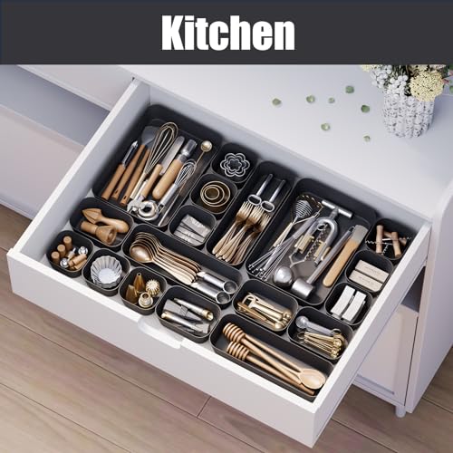 Plastic Drawer Organizers, 18 PCS Drawer Organizer Bins, Bathroom and Vanity Organizer Plastic Tray, Makeup organizer and storage for Makeup, Bedroom, Kitchen Gadgets Utensils and Office (Black) - color: Black, size: 18pcs
